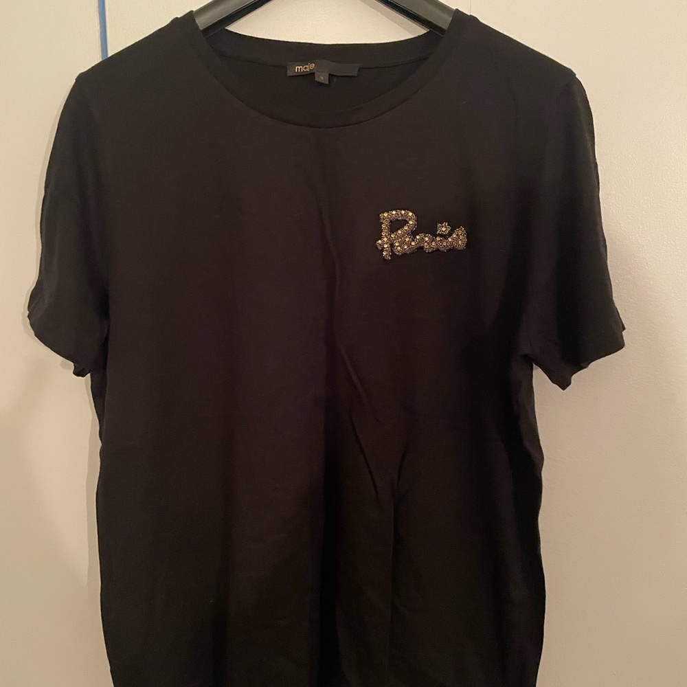 Maje Black T-Shirt with Gold Embellishment